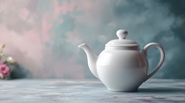 Elegant Simple White Ceramic Teapot on a Pastel Gray Surface Perfect for Tea Lovers and Home Decor Enthusiasts photo