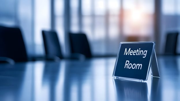 Meeting Room sign on office glass wall with empty collaboration workspace, large table, and armchairs in background. photo