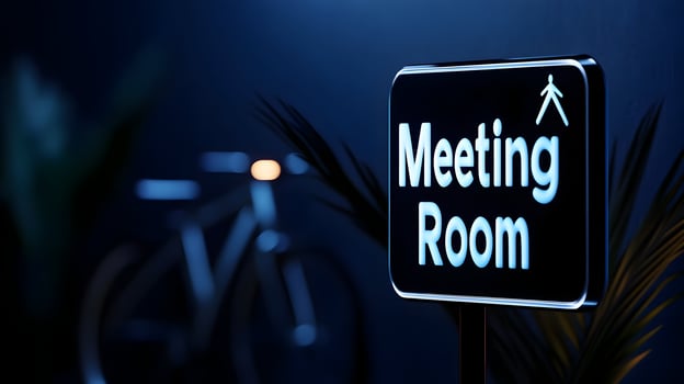 Meeting Room sign on office glass wall with empty collaboration workspace, large table, and armchairs in background. photo