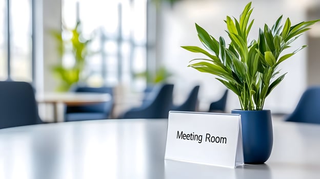 Meeting Room sign on office glass wall with empty collaboration workspace, large table, and armchairs in background. photo