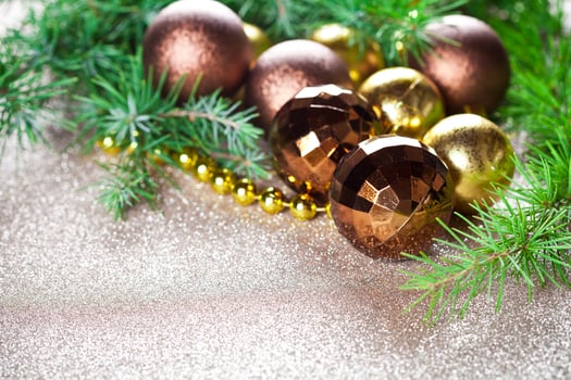 Christmas decorations and evergreen fir tree branch. photo