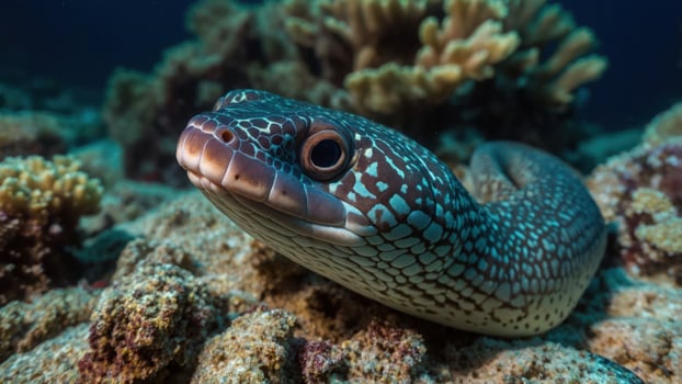A close-up of a colorful eel resting on coral in a vibrant underwater ecosystem. photo