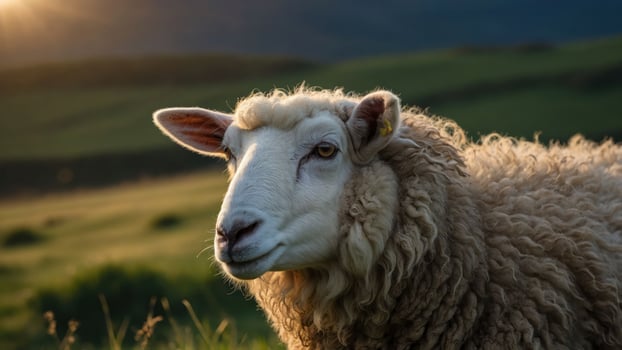 A close-up of a sheep in a serene landscape during golden hour. photo