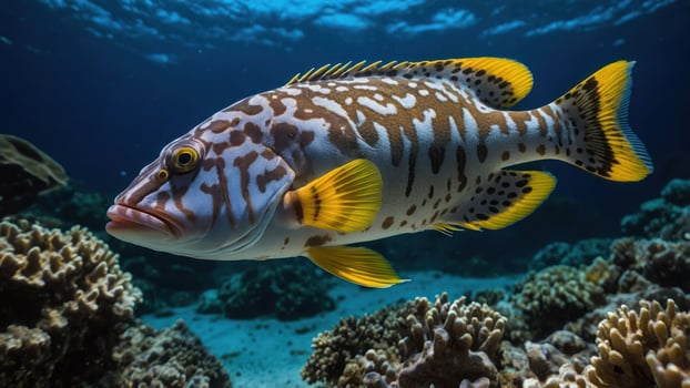 A vibrant fish swimming among coral in a clear underwater environment. photo