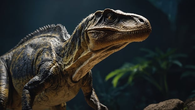 A lifelike dinosaur model in a dimly lit environment surrounded by tropical plants. photo