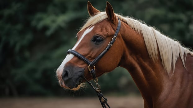A close-up of a brown horse with a blonde mane, showcasing its features and bridle. photo