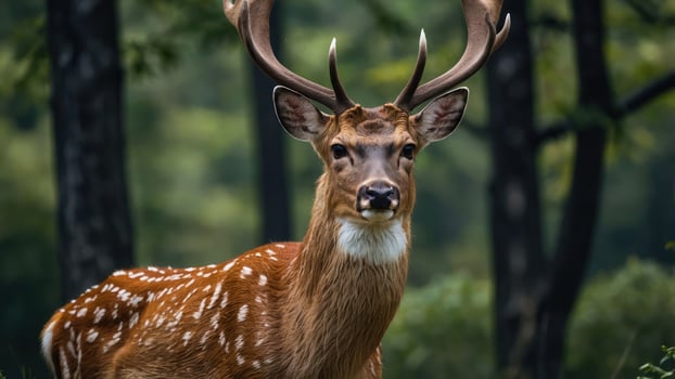A close-up of a deer with antlers in a natural forest setting. photo