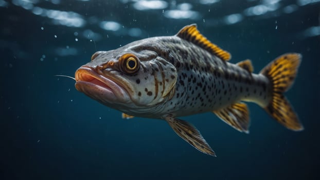 A close-up of a spotted fish swimming in a dark underwater environment. photo