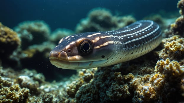 An underwater close-up of a fish resting on coral. photo