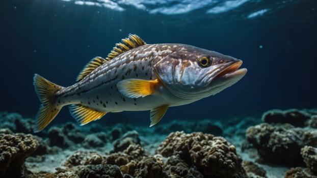 A vibrant fish swimming among coral in a serene underwater environment. photo