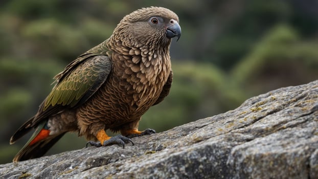 A close-up of a brown and green parrot perched on a rock in a natural environment. photo