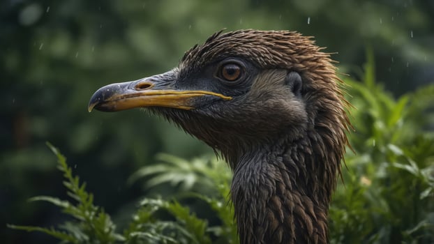 Close-up of a bird's head amidst greenery, showcasing its features and textures. photo