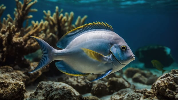 A vibrant fish swimming near coral reefs in clear blue water. photo