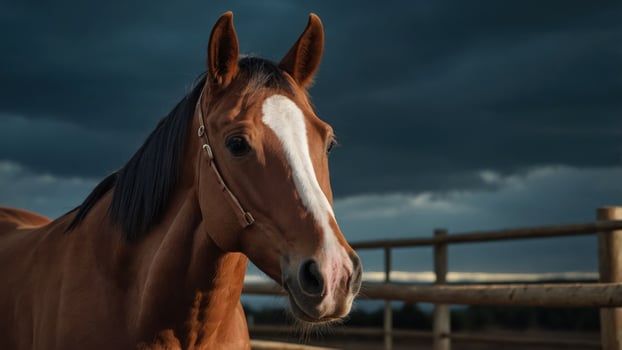 A close-up of a brown horse against a dramatic sky, showcasing its features and expression. photo