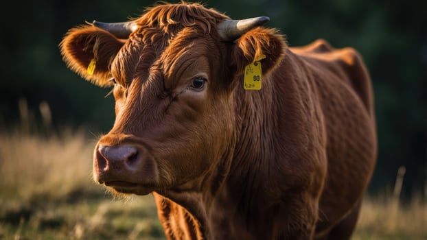 A close-up of a brown cow with a tag in its ear, set against a natural background. photo