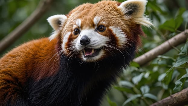 A close-up of a red panda in a natural setting, showcasing its vibrant fur and expressive face. photo