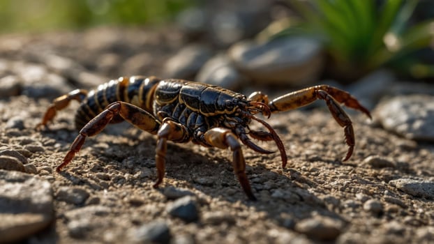 A close-up of a crab walking on sandy ground with pebbles and vegetation in the background. photo