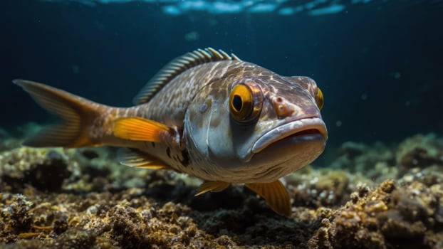 A close-up of a fish swimming in clear water above a rocky seabed. photo
