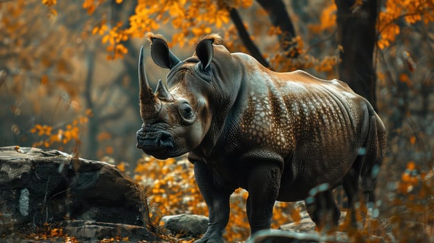 A rhino standing in the woods with autumn leaves photo