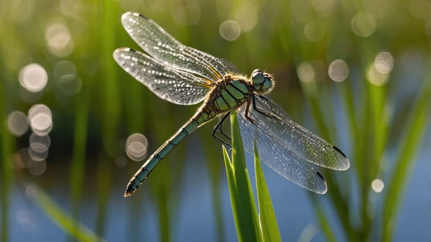 A close-up of a dragonfly resting on a blade of grass, showcasing nature's beauty. photo