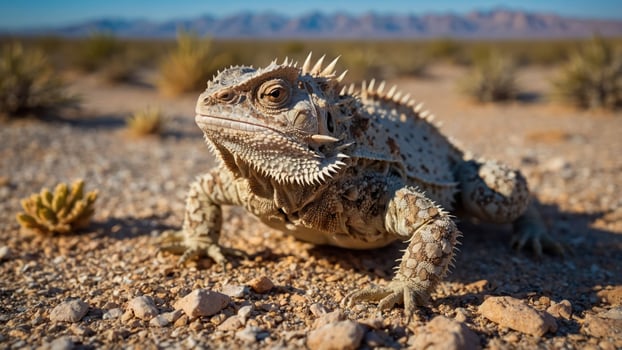 A close-up of a bearded dragon on a sandy desert landscape. photo