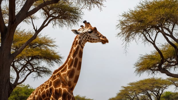 A giraffe stands gracefully among trees in a serene landscape. photo