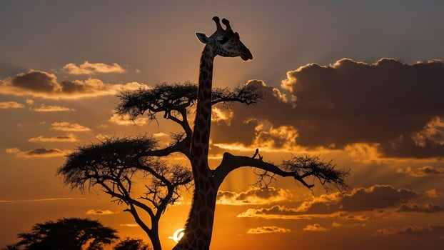 A silhouette of a giraffe against a dramatic sunset and tree. photo