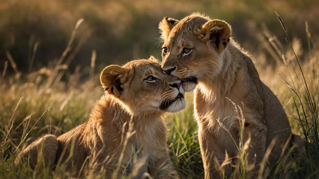 Two lion cubs nuzzle each other in a sunlit grassland, showcasing their playful bond. photo