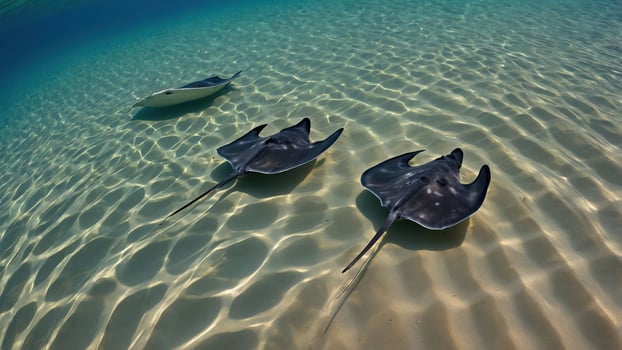 Three rays swimming gracefully over a sandy ocean floor. photo