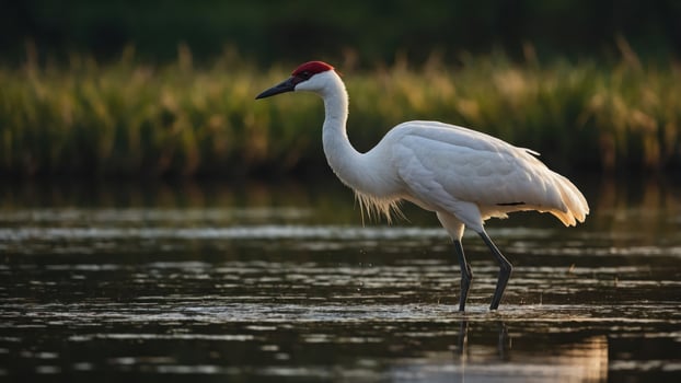 A white crane with a red crown stands in shallow water, surrounded by lush greenery. photo