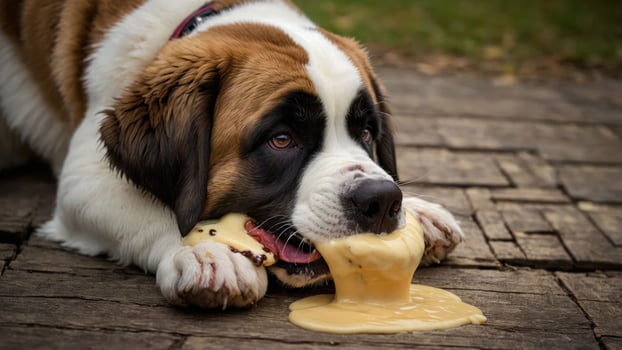 A St. Bernard dog enjoying a gooey treat on a wooden surface. photo