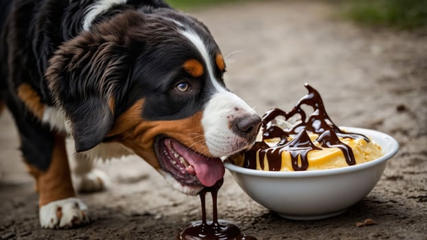 A dog enjoying a dessert with chocolate sauce in a bowl. photo