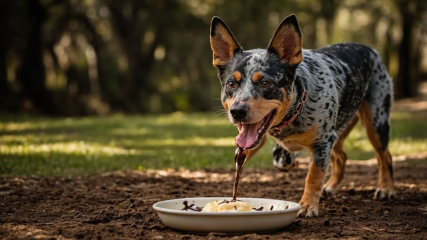 A happy dog enjoying a treat in a natural outdoor setting. photo