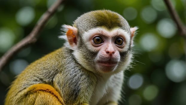 A close-up of a curious monkey with expressive eyes against a blurred green background. photo