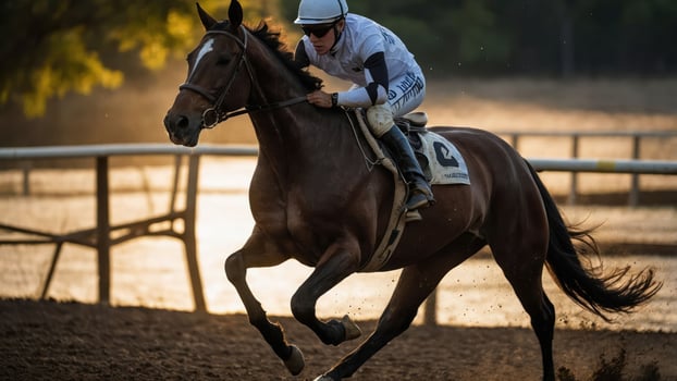 A jockey rides a horse during a sunset race, capturing the thrill of equestrian sports. photo