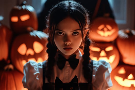 A girl in a dark setting with pumpkins and a black cat, evoking Halloween. photo