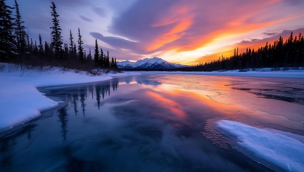 Serene winter landscape with mountains and colorful sunset reflections. photo