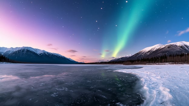 Stunning aurora borealis over a frozen lake and mountains at twilight. photo