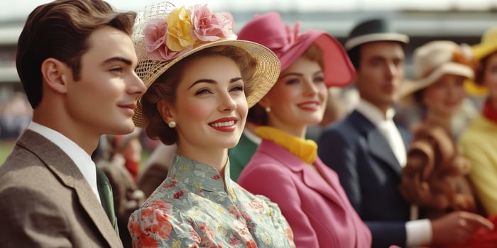 Stylish crowd at racetrack. Men and women dressed in Old Money fashion chatting and watching a race photo