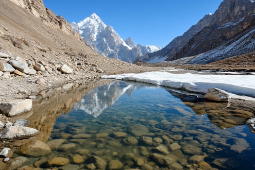 A mountain range is reflected in a small stream photo