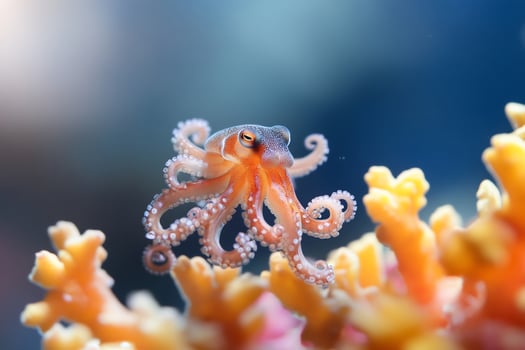 A vibrant octopus among colorful coral reefs in an underwater scene. photo