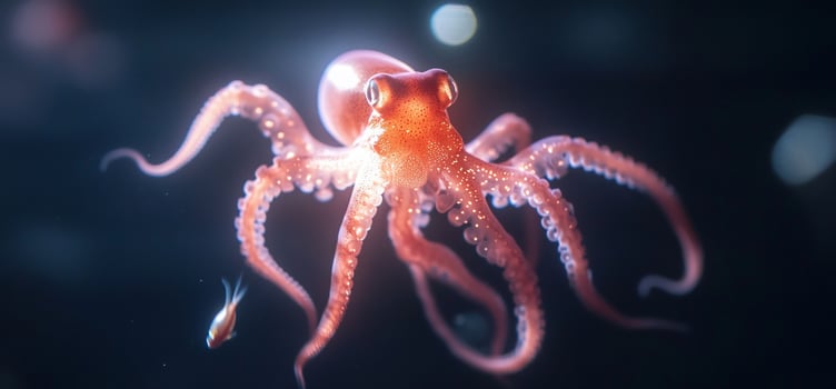 A vibrant octopus swimming in a dark underwater scene. photo