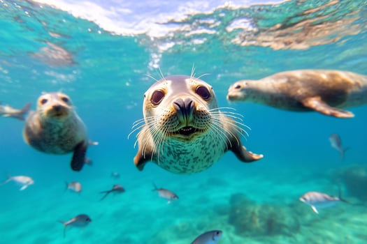 Underwater scene featuring playful seals swimming in clear water. photo