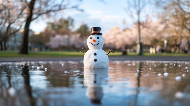 A snowman stands in a puddle amidst blooming cherry trees. photo