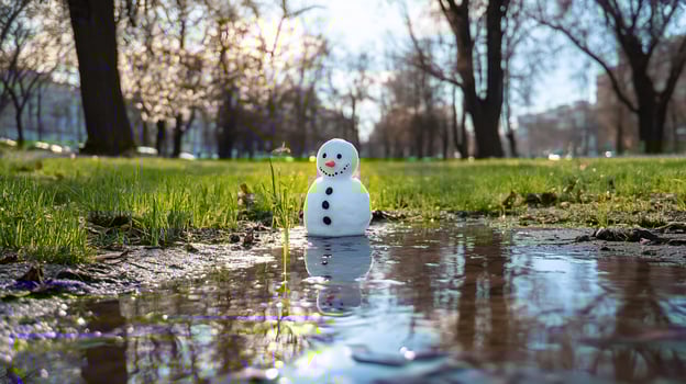 A melting snowman in a park, surrounded by grass and water. photo