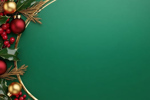 Elegant Christmas background with golden borders and festive decorations featuring holly leaves and ornaments photo