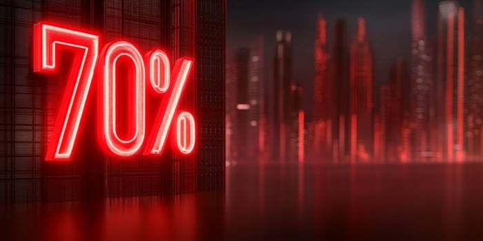 Eye-catching Black Friday sale announcement with 70 percent discount in a futuristic cityscape photo