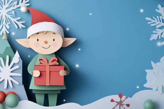 Cheerful festive elf holding a gift surrounded by snowflakes and ornaments on a vibrant blue background photo