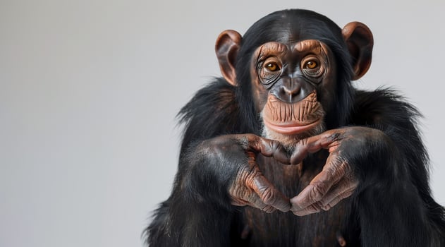 Chimpanzee Making Heart Shape With Hands Against White Background photo