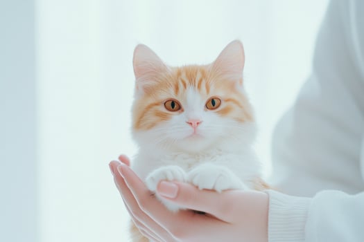 Calico cat sitting comfortably in the gentle hands of a veterinarian in a bright clinical setting photo